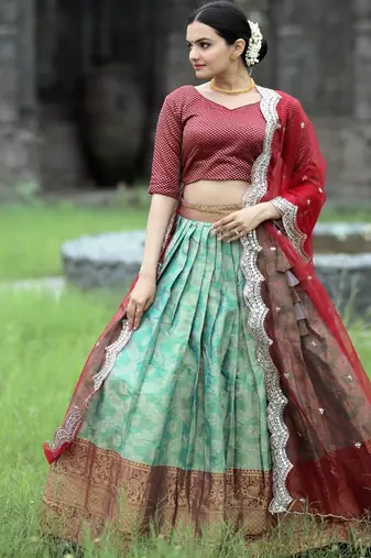 Green Vichitra Silk Embroidered Lace Border Lehenga set with choli and dupatta