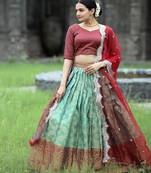 Green Vichitra Silk Embroidered Lace Border Lehenga set with choli and dupatta