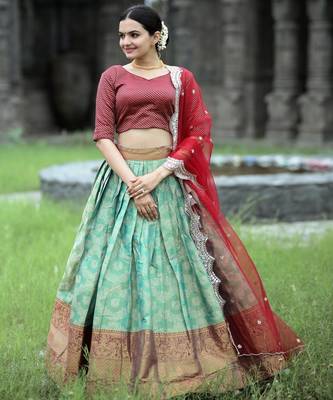 Green Vichitra Silk Embroidered Lace Border Lehenga set with choli and dupatta 2