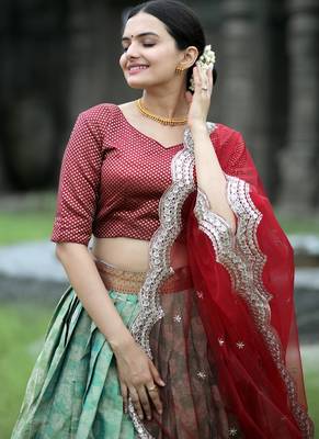 Green Vichitra Silk Embroidered Lace Border Lehenga set with choli and dupatta 3