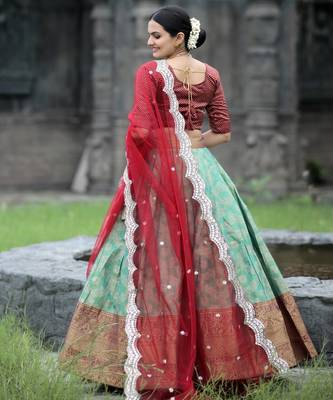 Green Vichitra Silk Embroidered Lace Border Lehenga set with choli and dupatta 5
