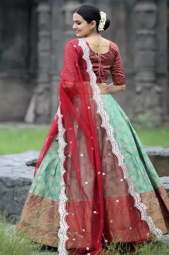 Green Vichitra Silk Embroidered Lace Border Lehenga set with choli and dupatta