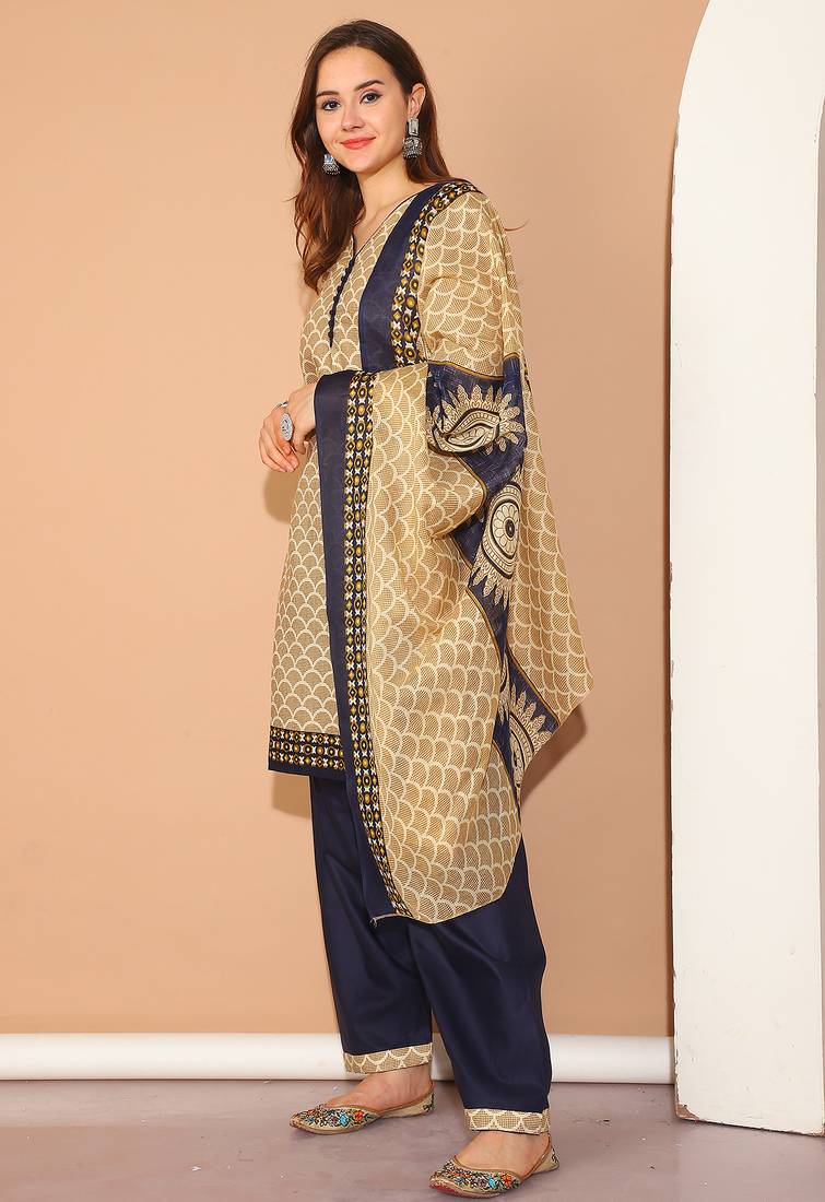 beige cotton printed ready to wear salwar suit