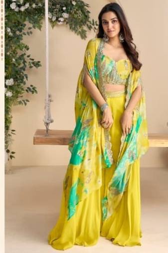 Lemon green digital print indowestern wedding collection free size upto 42