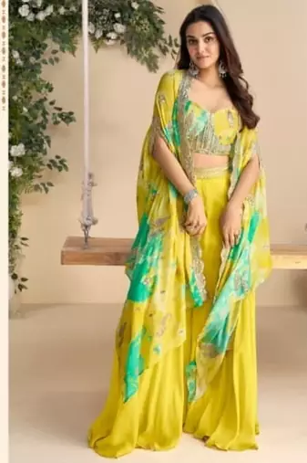 Lemon green digital print indowestern wedding collection free size upto 42