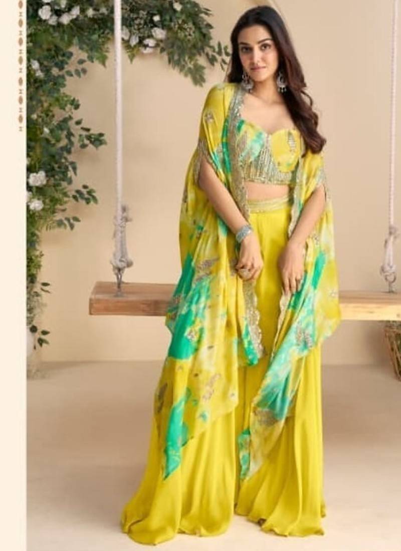 Lemon green digital print indowestern wedding collection free size upto 42