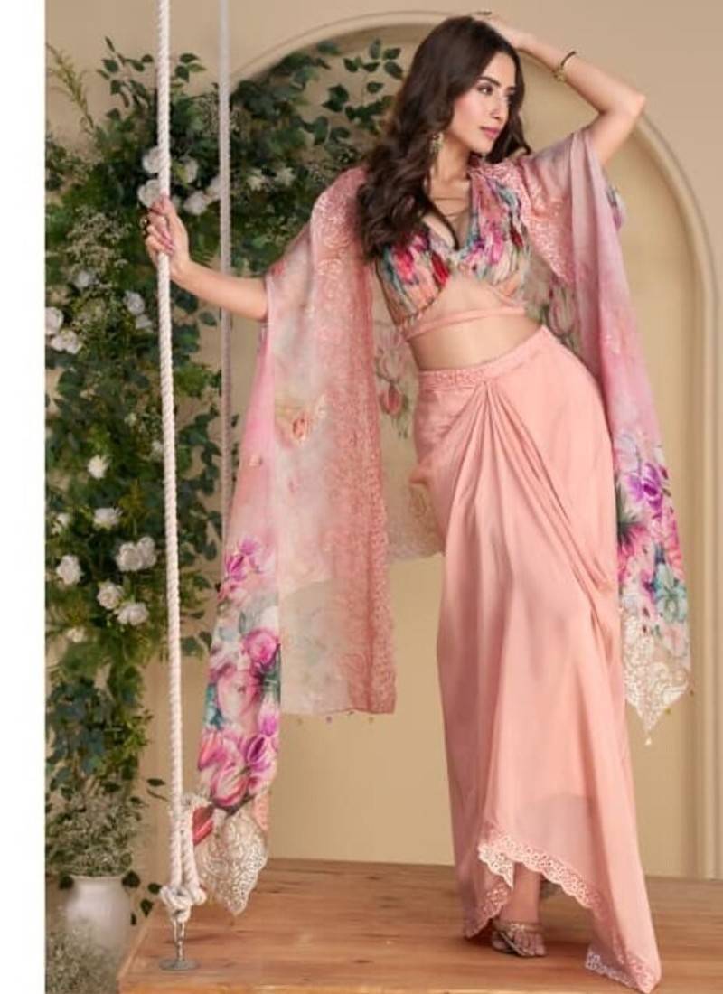 Baby pink digital print indowestern wedding collection free size upto 42