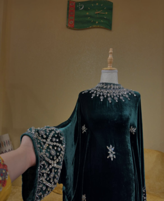 Emerald Green Velvet Stitched Kaftan with Heavy Stone Work     Elegant Party & Festive Wear 1