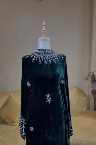 Emerald Green Velvet Stitched Kaftan with Heavy Stone Work – Elegant Party & Festive Wear