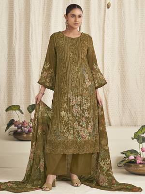 mustard georgette digital printed dress material 1