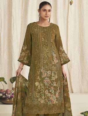 mustard georgette digital printed dress material 4