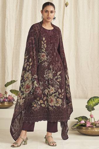 brown georgette digital printed dress material