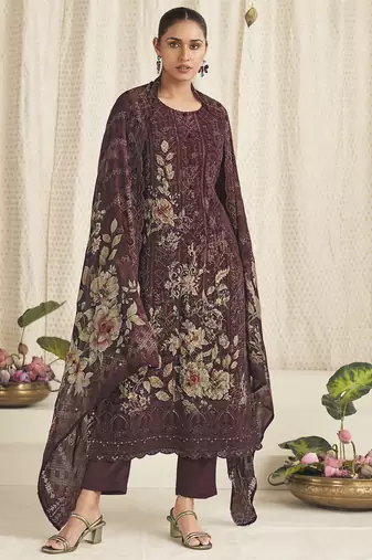 brown georgette digital printed dress material