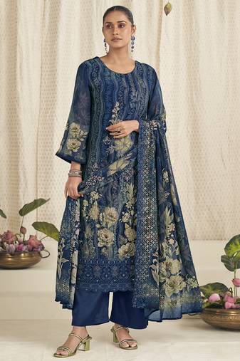 navy blue georgette digital printed dress material