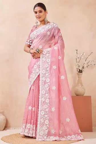 dusty gajri color resham & sequins embroidered gold crush silk blend saree