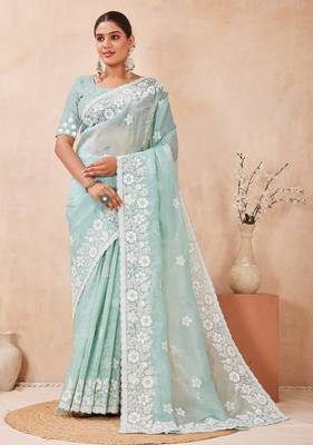 c green color resham & sequins embroidered gold crush silk blend saree 1