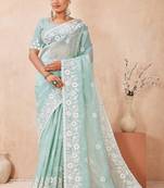 c green color resham & sequins embroidered gold crush silk blend saree