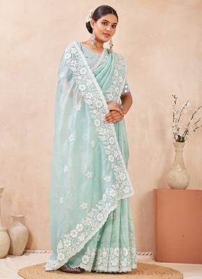 c green color resham & sequins embroidered gold crush silk blend saree 2
