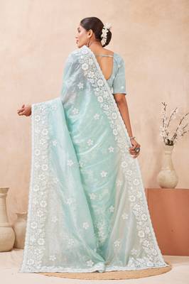 c green color resham & sequins embroidered gold crush silk blend saree 4