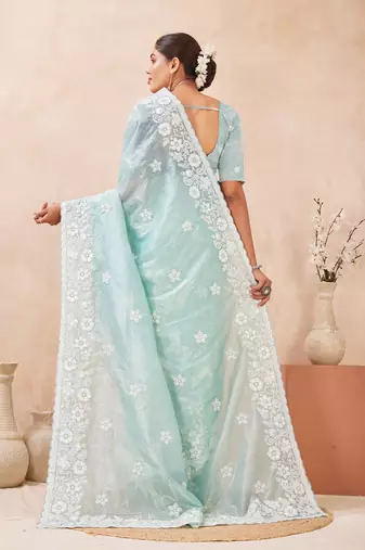 c green color resham & sequins embroidered gold crush silk blend saree