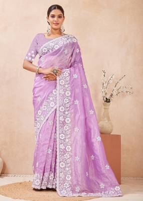 violet color resham & sequins embroidered gold crush silk blend saree 1