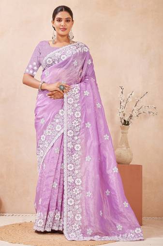 violet color resham & sequins embroidered gold crush silk blend saree