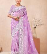 violet color resham & sequins embroidered gold crush silk blend saree