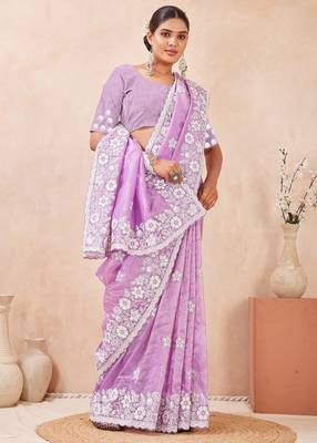violet color resham & sequins embroidered gold crush silk blend saree 2
