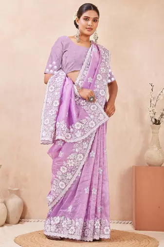 violet color resham & sequins embroidered gold crush silk blend saree