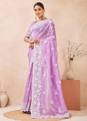 violet color resham & sequins embroidered gold crush silk blend saree 3