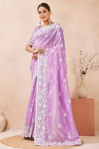 violet color resham & sequins embroidered gold crush silk blend saree