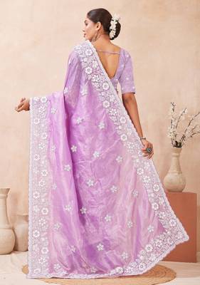 violet color resham & sequins embroidered gold crush silk blend saree 4