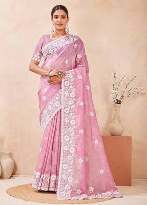 dusty pink color resham & sequins embroidered gold crush silk blend saree 1