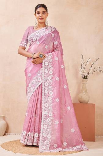 dusty pink color resham & sequins embroidered gold crush silk blend saree