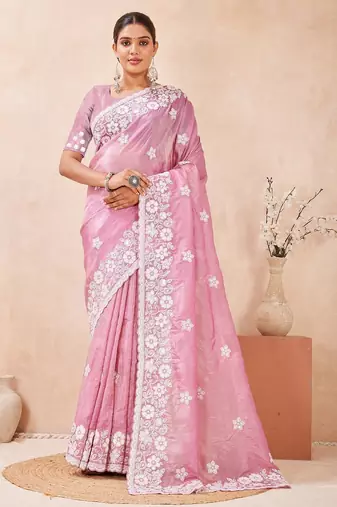 dusty pink color resham & sequins embroidered gold crush silk blend saree