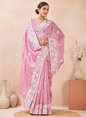 dusty pink color resham & sequins embroidered gold crush silk blend saree 2