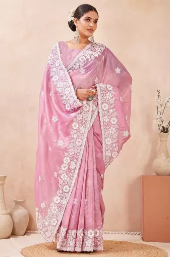 dusty pink color resham & sequins embroidered gold crush silk blend saree