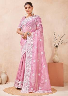 dusty pink color resham & sequins embroidered gold crush silk blend saree 3