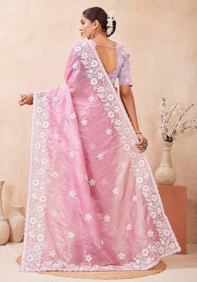 dusty pink color resham & sequins embroidered gold crush silk blend saree 4
