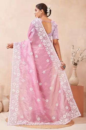 dusty pink color resham & sequins embroidered gold crush silk blend saree