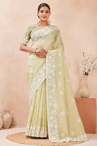 dusty pista color resham & sequins embroidered gold crush silk blend saree