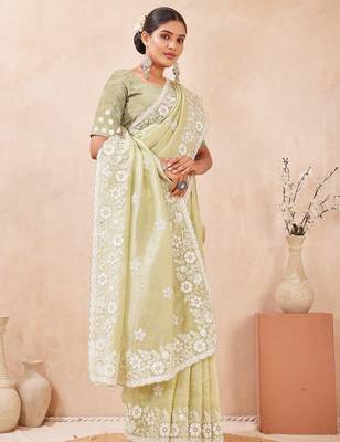 dusty pista color resham & sequins embroidered gold crush silk blend saree 2