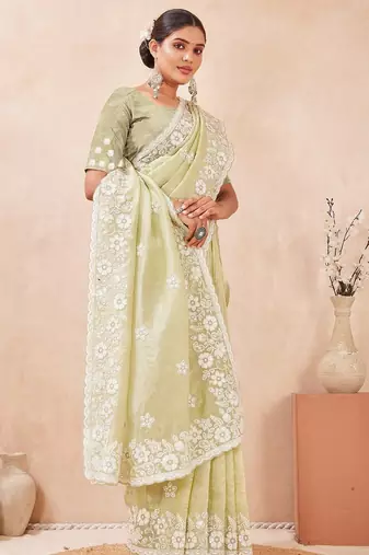 dusty pista color resham & sequins embroidered gold crush silk blend saree