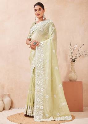 dusty pista color resham & sequins embroidered gold crush silk blend saree 3