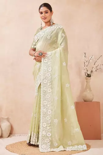 dusty pista color resham & sequins embroidered gold crush silk blend saree