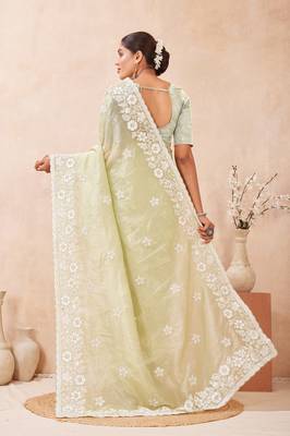 dusty pista color resham & sequins embroidered gold crush silk blend saree 4