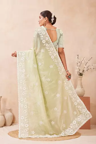 dusty pista color resham & sequins embroidered gold crush silk blend saree