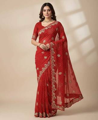 Soft georgette bandhni print saree with sober pitha work embroidery red saree with blouse piece 1