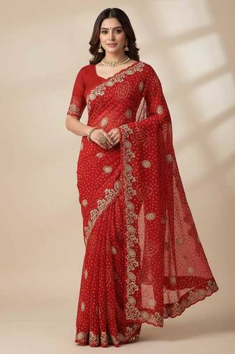 Soft georgette bandhni print saree with sober pitha work embroidery red saree with blouse piece