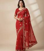 Soft georgette bandhni print saree with sober pitha work embroidery red saree with blouse piece